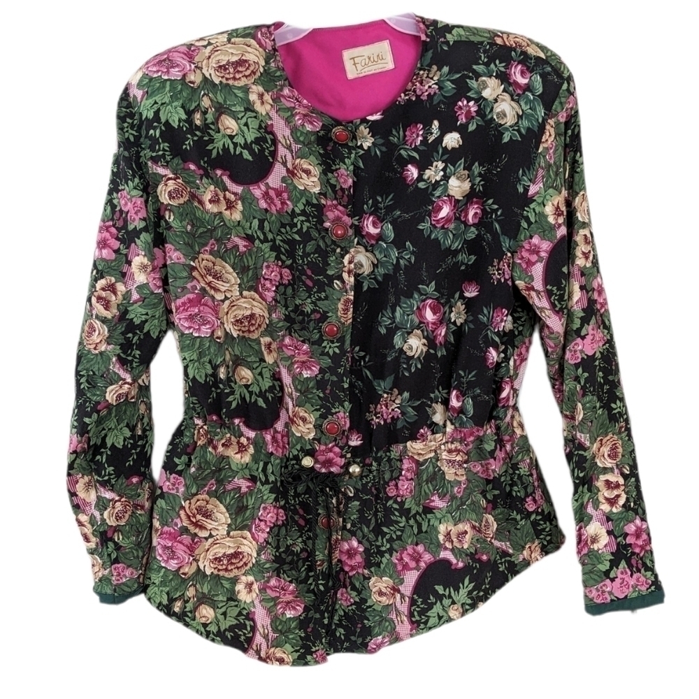 Vintage Farini pink roses floral jacket blazer jacket XL @i1